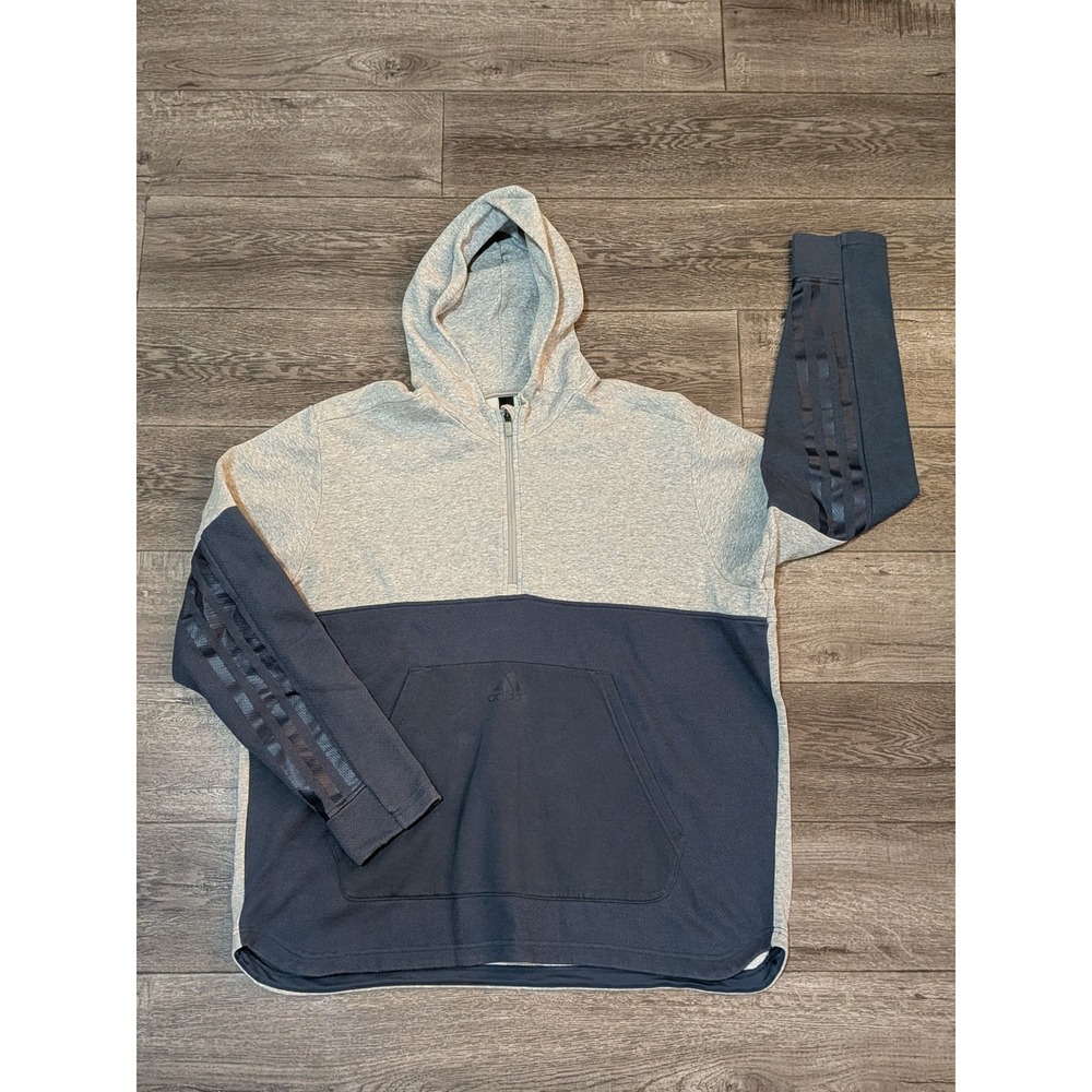 Adidas Mens 2XL Quarter Zip Hoodie Grey Navy Colorblock 3-Stripe Pullover
